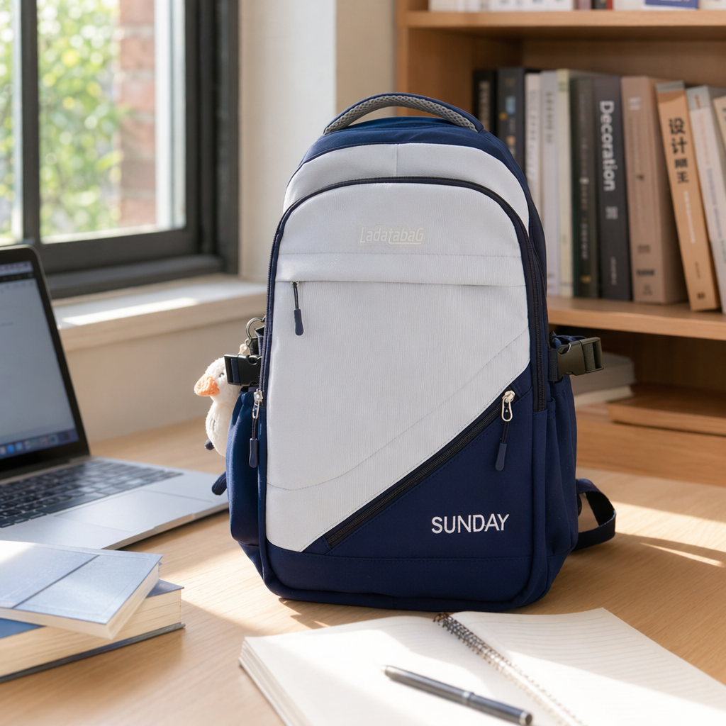 The blue and white color-matched simple and fashionable backpack is convenient and easy for students to commute details Picture