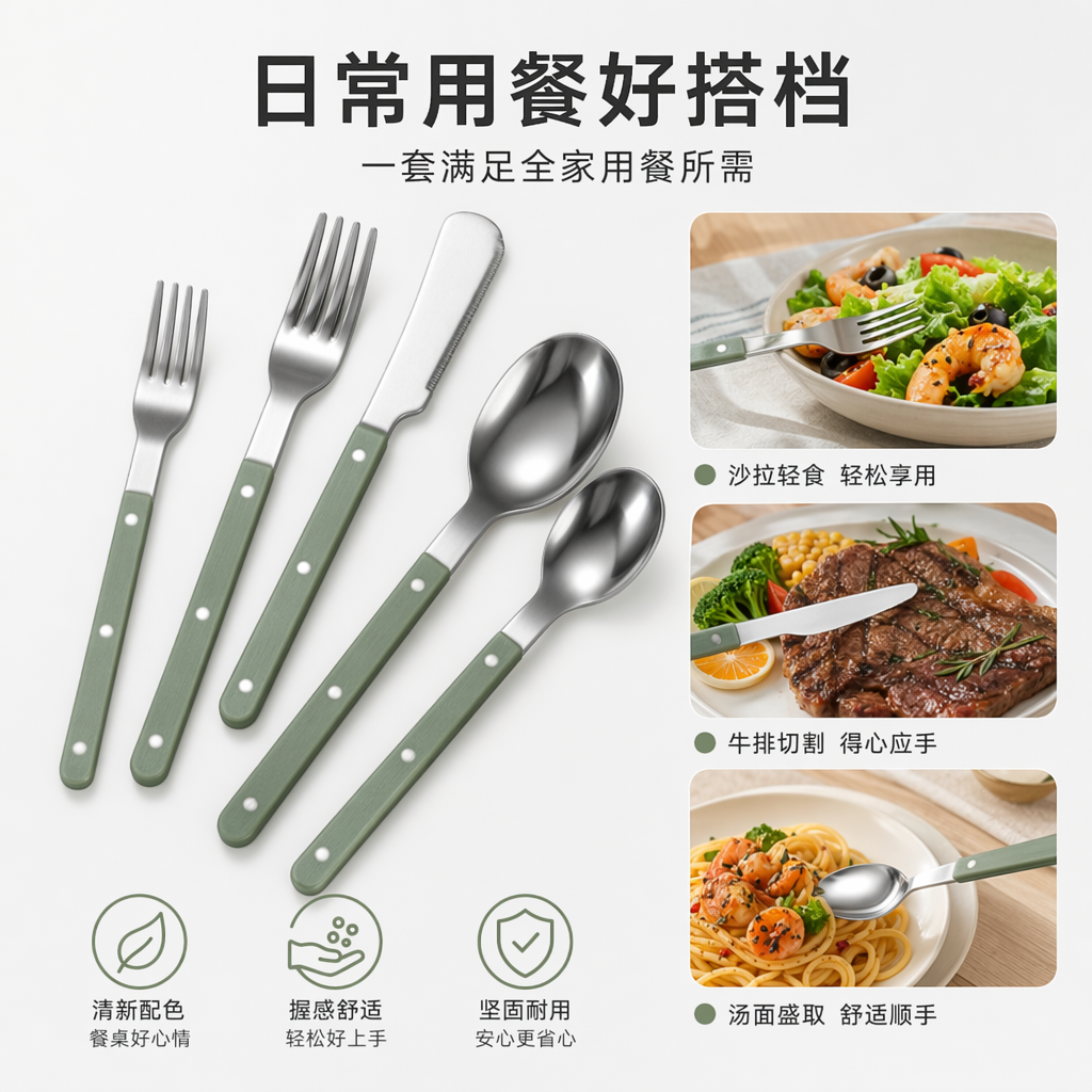 Green handle silver tableware set, home Western cuisine fork, spoon and knife gift box