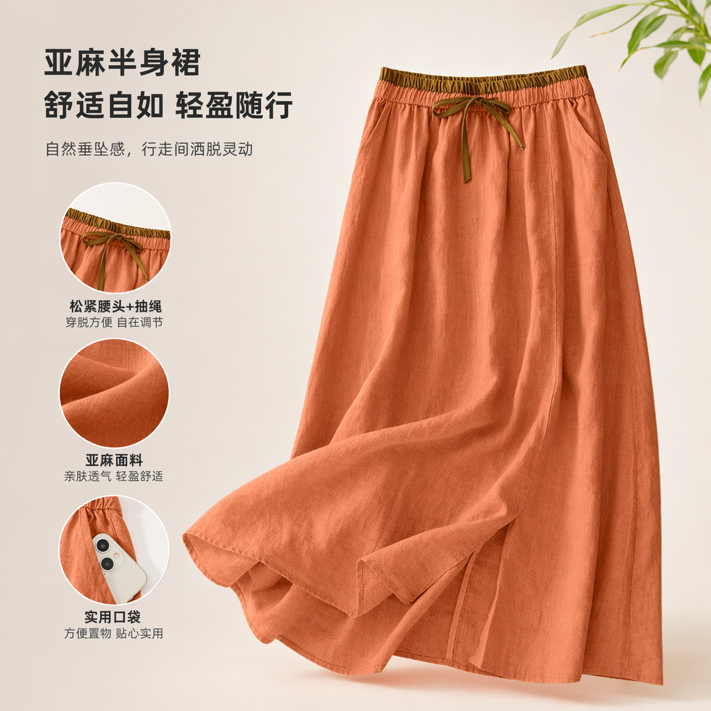 A new orange long dress for women in summer, a slimming and waist-cinching A-line dress with a flowing and flowing silhouette full image