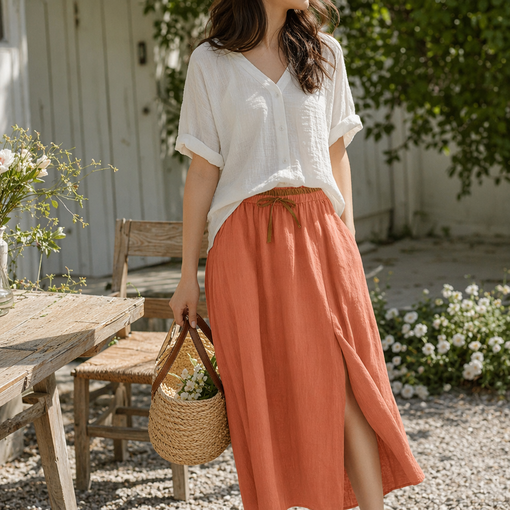 A new orange long dress for women in summer, a slimming and waist-cinching A-line dress with a flowing and flowing silhouette details Picture