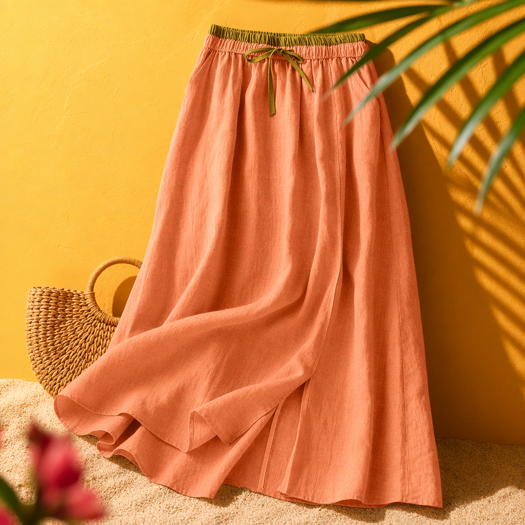 A new orange long dress for women in summer, a slimming and waist-cinching A-line dress with a flowing and flowing silhouette Specification image