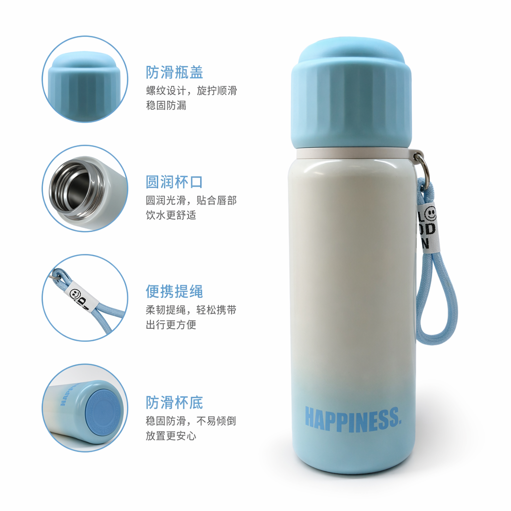 Light blue gradient glass water cup 350ml, heat-resistant portable home and office drinking cup
