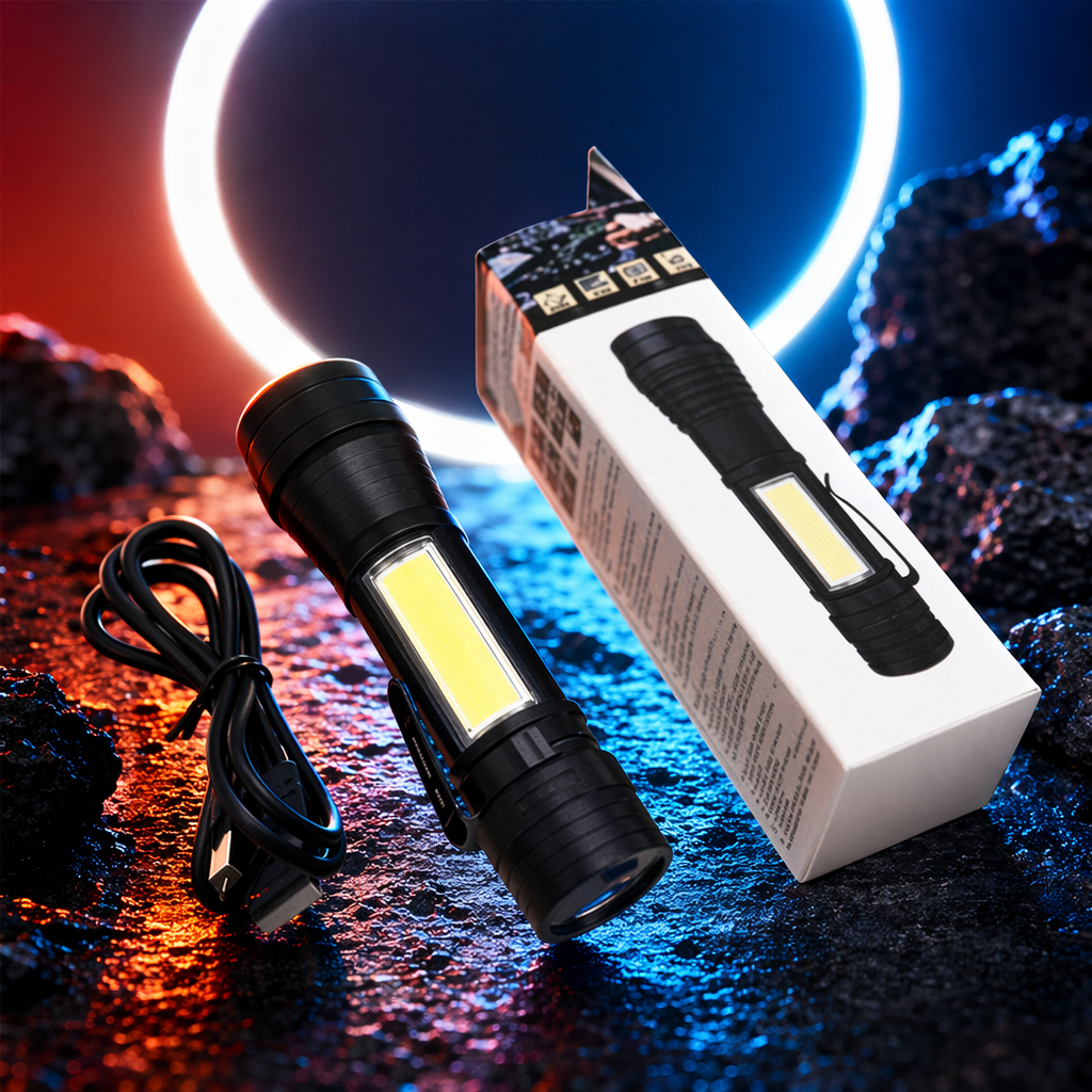 A black LED flashlight with a USB charging cable and a packaging box Specification image
