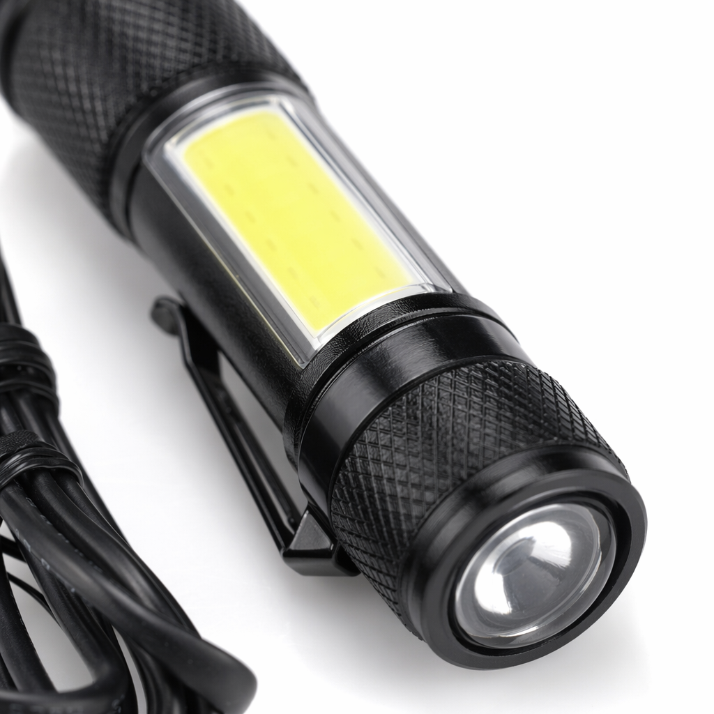 A black LED flashlight with a USB charging cable and a packaging box Application Scenario