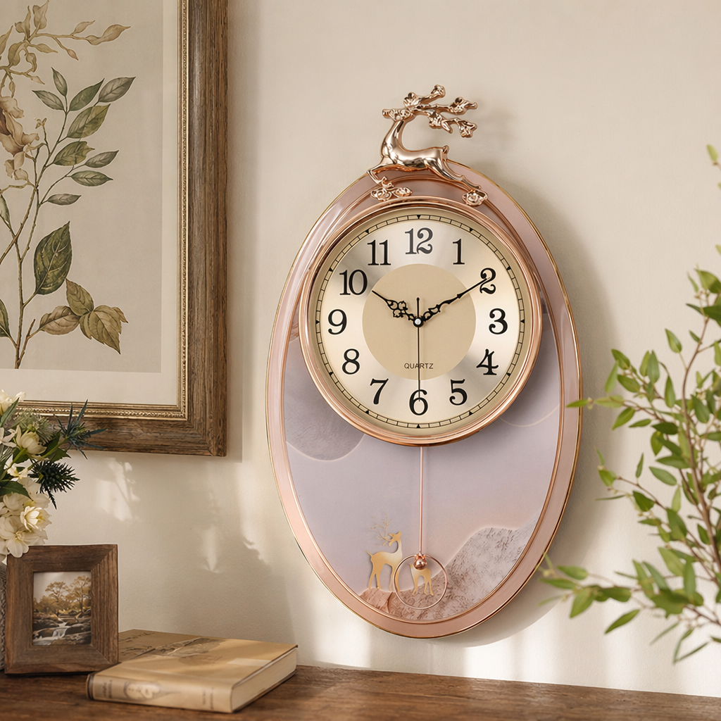 A golden deer-shaped decorative wall clock, a silent wall-mounted clock for the living room and bedroom details Picture
