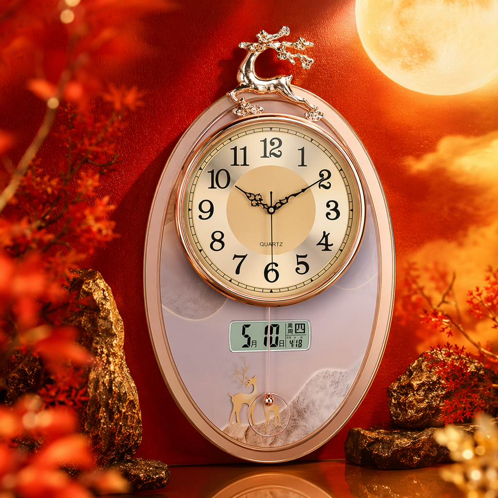 A golden deer-shaped decorative wall clock, a silent wall-mounted clock for the living room and bedroom Specification image