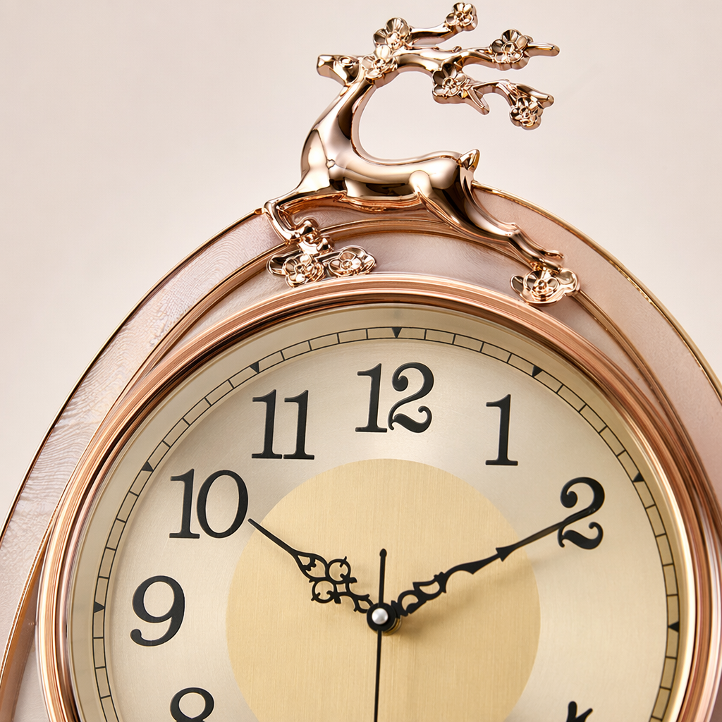 A golden deer-shaped decorative wall clock, a silent wall-mounted clock for the living room and bedroom Application Scenario