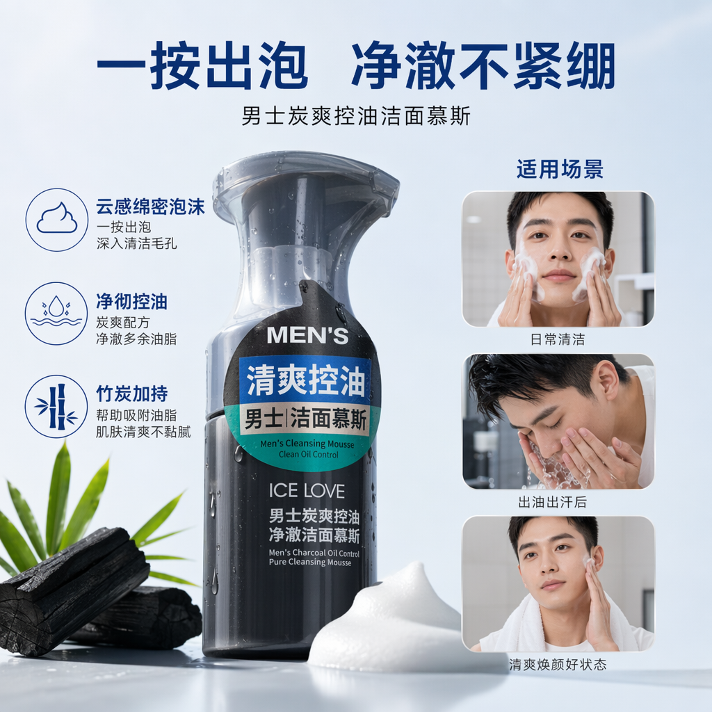 Blue bottle men's facial cleansing mousse with gentle oil-control, refreshing and moisturizing foam