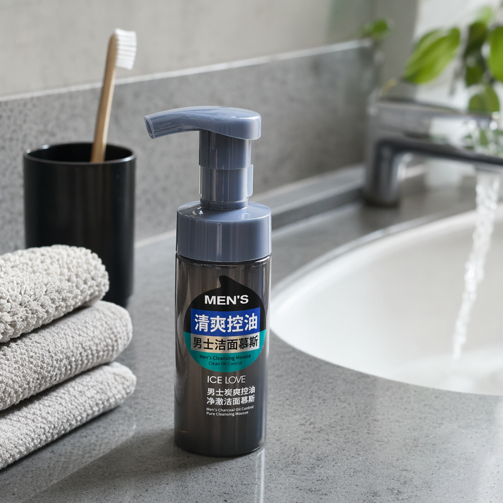 Blue bottle men's facial cleansing mousse with gentle oil-control, refreshing and moisturizing foam details Picture