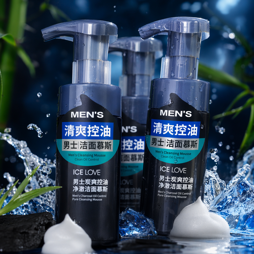 Blue bottle men's facial cleansing mousse with gentle oil-control, refreshing and moisturizing foam Specification image