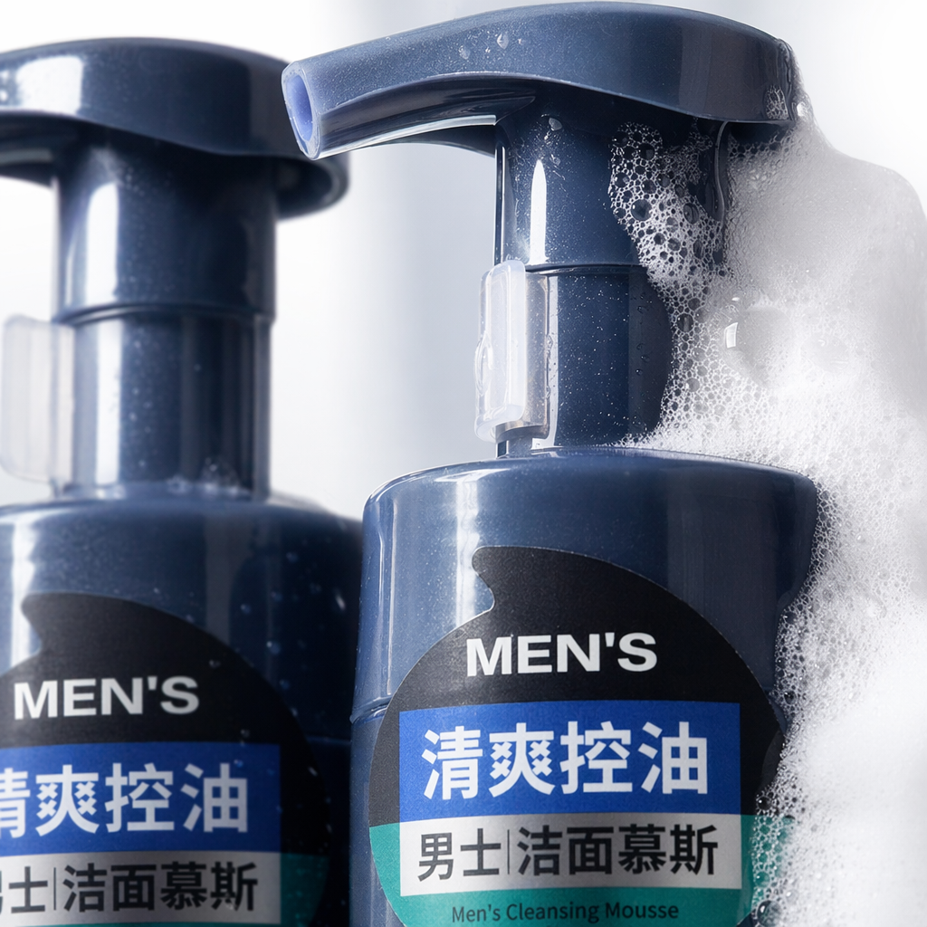Blue bottle men's facial cleansing mousse with gentle oil-control, refreshing and moisturizing foam Application Scenario