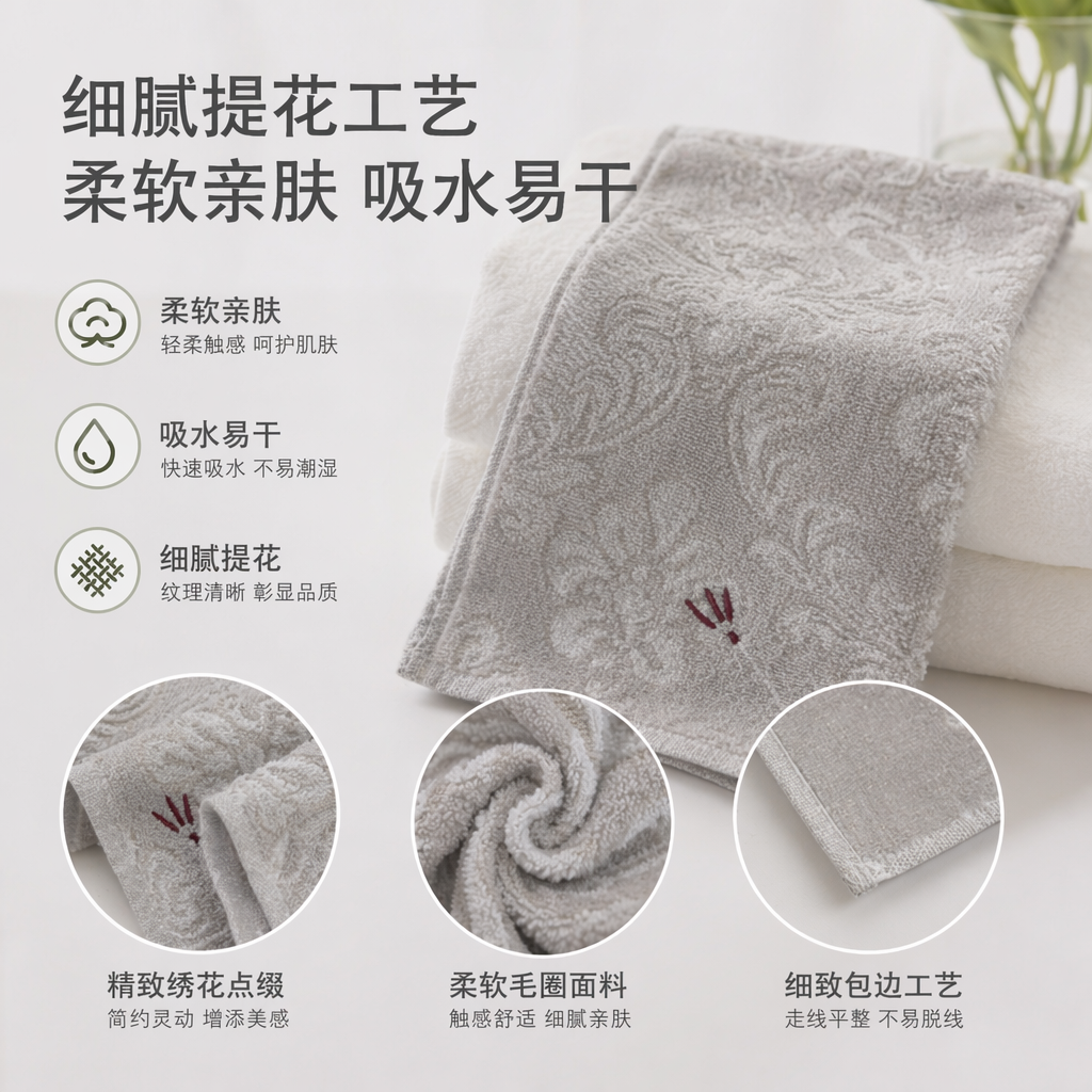 DIY grey floral pattern fabric square and mouth towel full image
