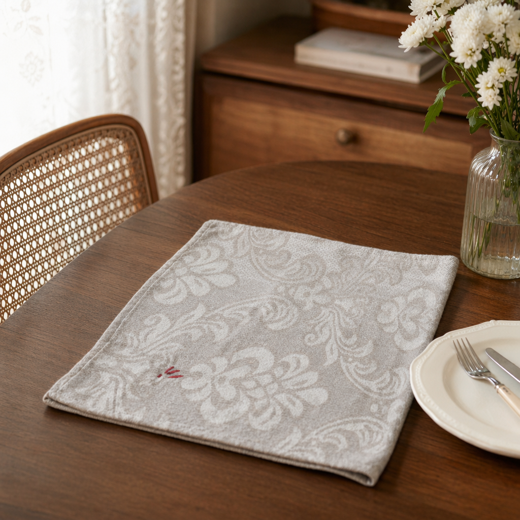 DIY grey floral pattern fabric square and mouth towel details Picture