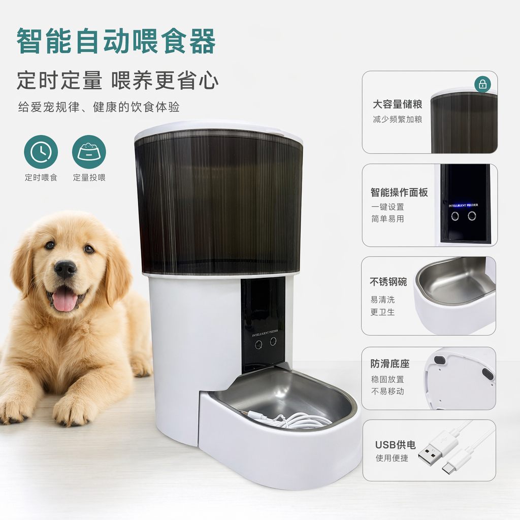 The white smart feeder, an automatic pet timed and quantified feeding machine, can be controlled by a mobile phone APP