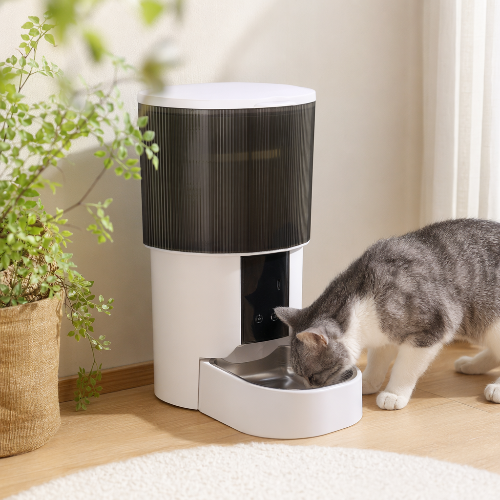 The white smart feeder, an automatic pet timed and quantified feeding machine, can be controlled by a mobile phone APP details Picture