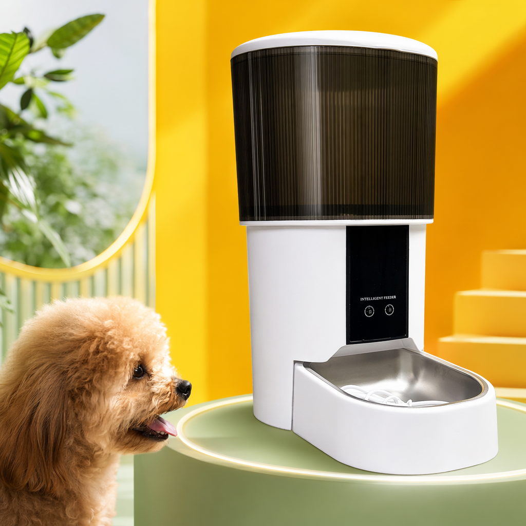 The white smart feeder, an automatic pet timed and quantified feeding machine, can be controlled by a mobile phone APP Specification image