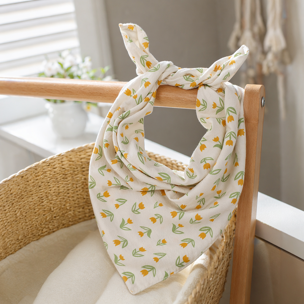 Beige, yellowish-green, small flower-pattered pure cotton square towel 30cmx30cm handkerchief style face towel details Picture