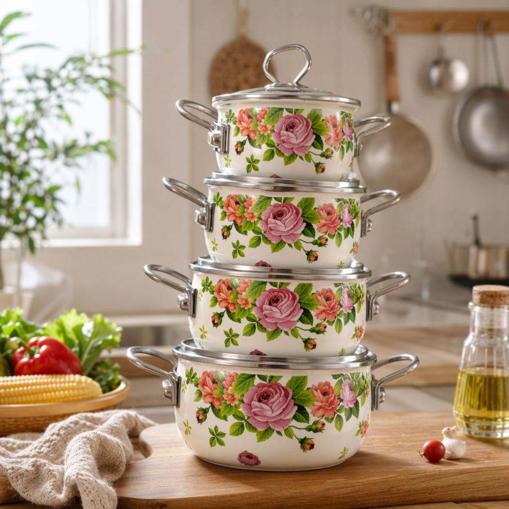 A four-piece pot set with white rose patterns details Picture
