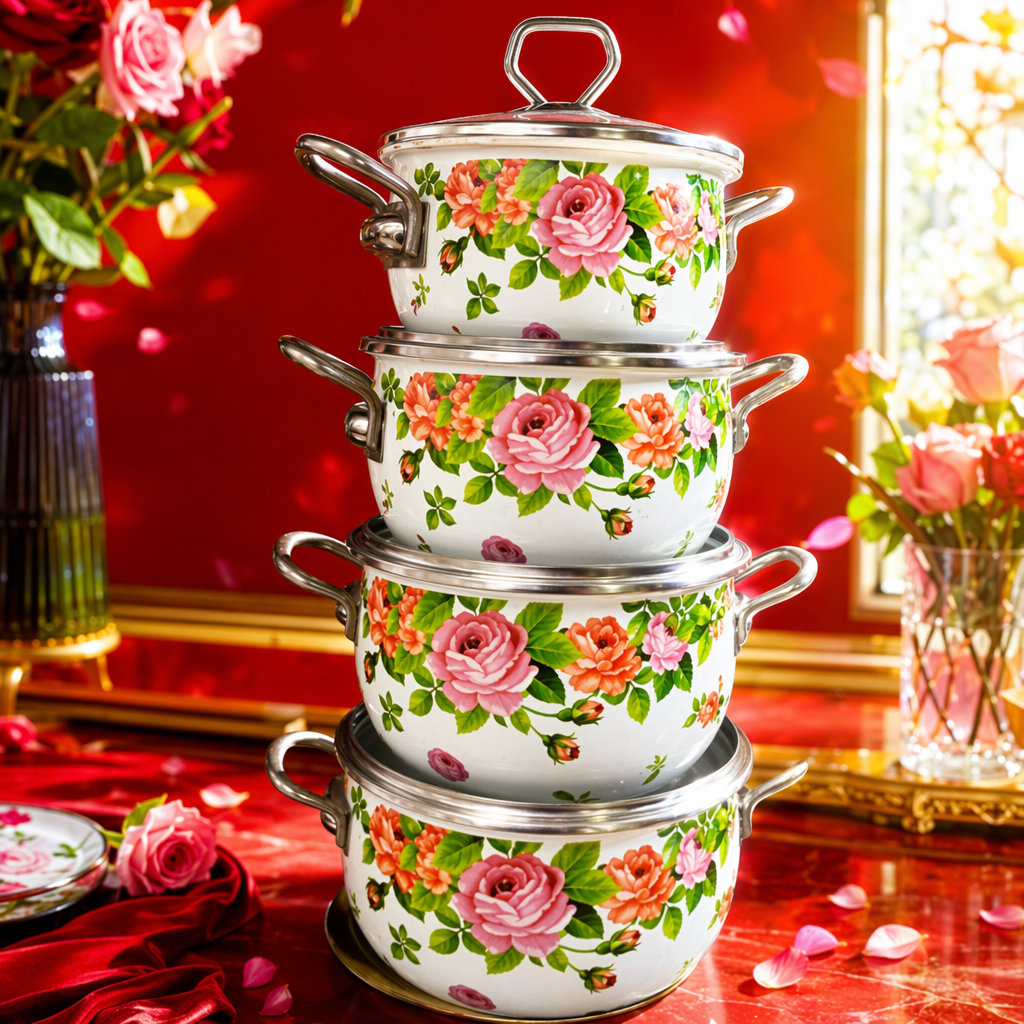 A four-piece pot set with white rose patterns Specification image