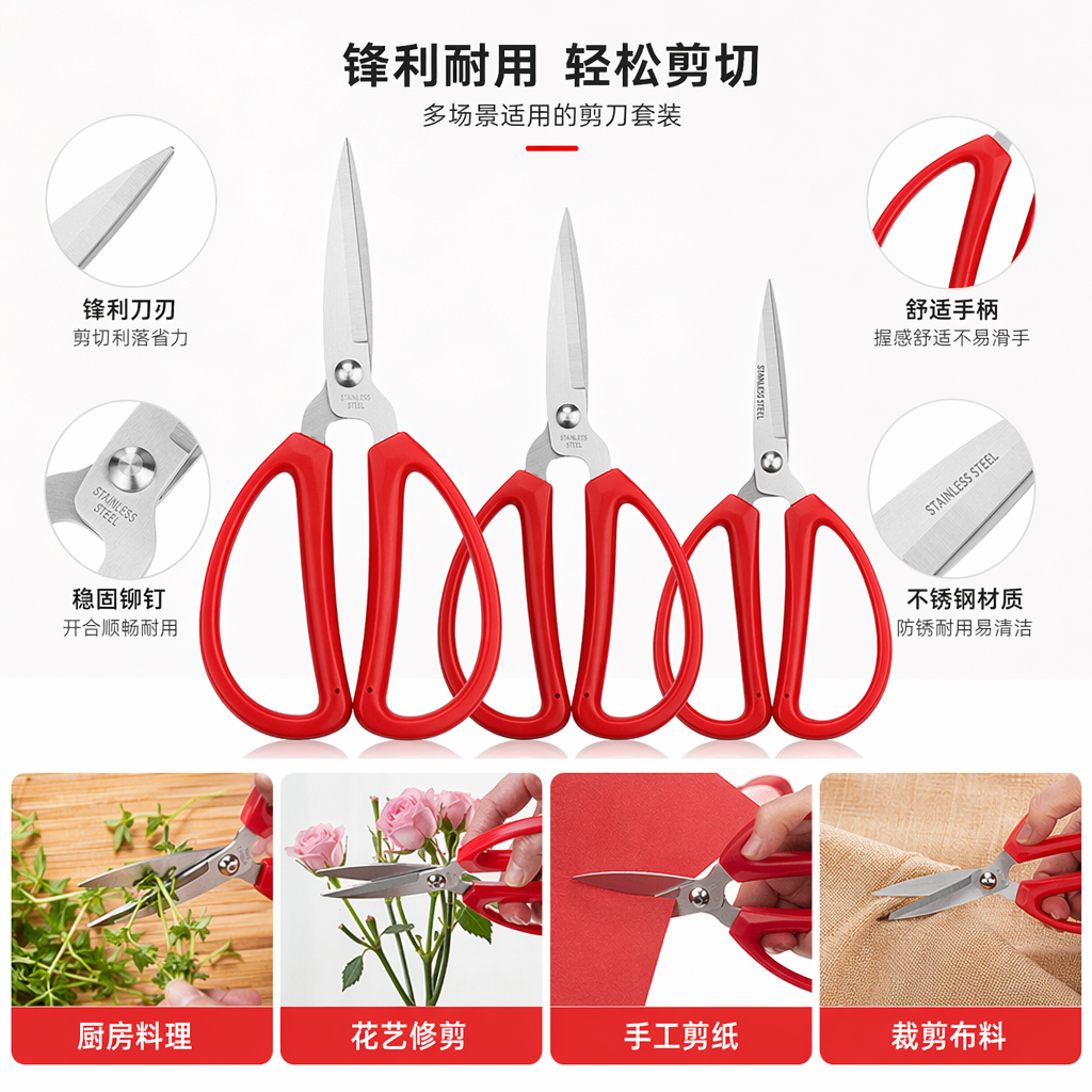 Three-piece set of red handle scissors, household stainless steel sharp cutting cloth scissors