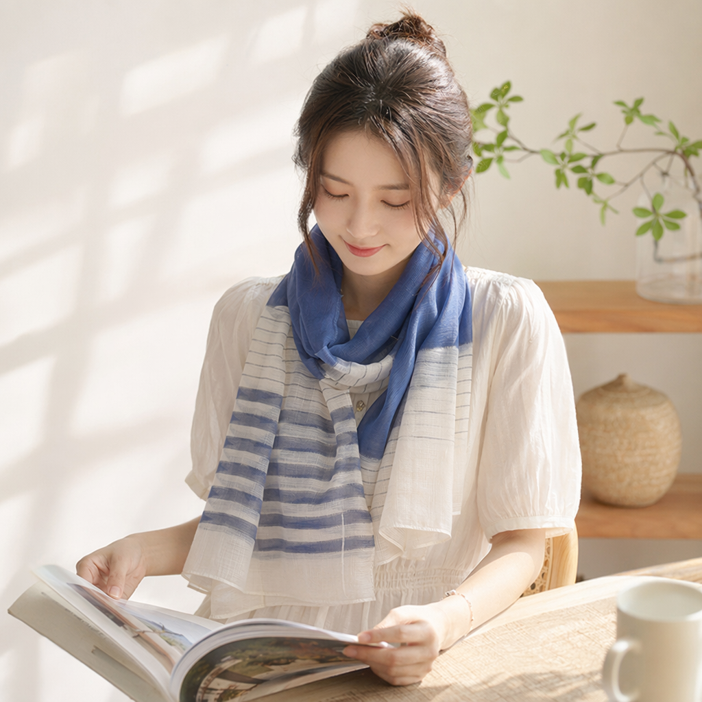 The blue and white striped silk scarf is a fashionable and versatile thin style for women in spring and summer details Picture