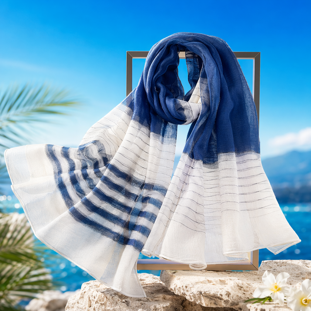 The blue and white striped silk scarf is a fashionable and versatile thin style for women in spring and summer Specification image