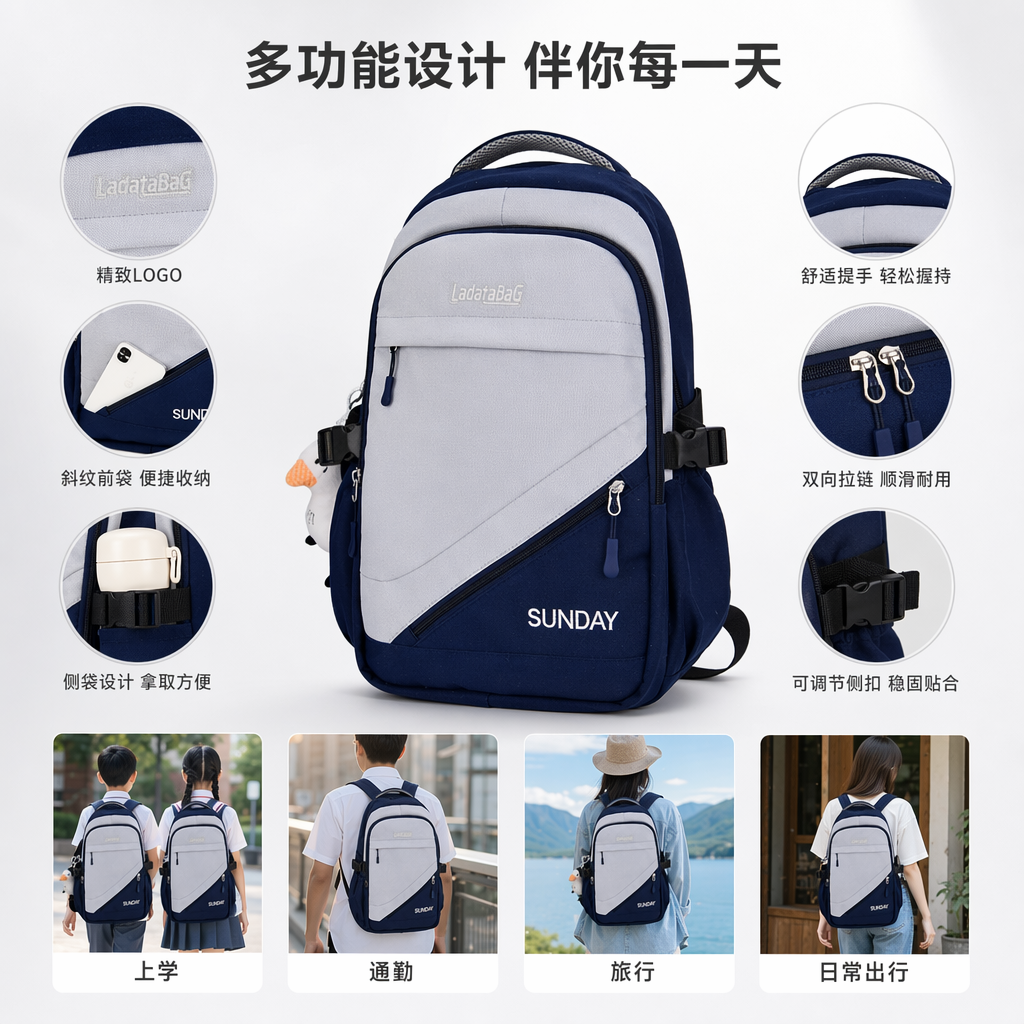 蓝白拼色简约时尚双肩背包男女通用休闲通勤图