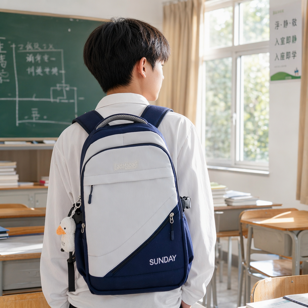 蓝白拼色简约时尚双肩背包男女通用休闲通勤产品图