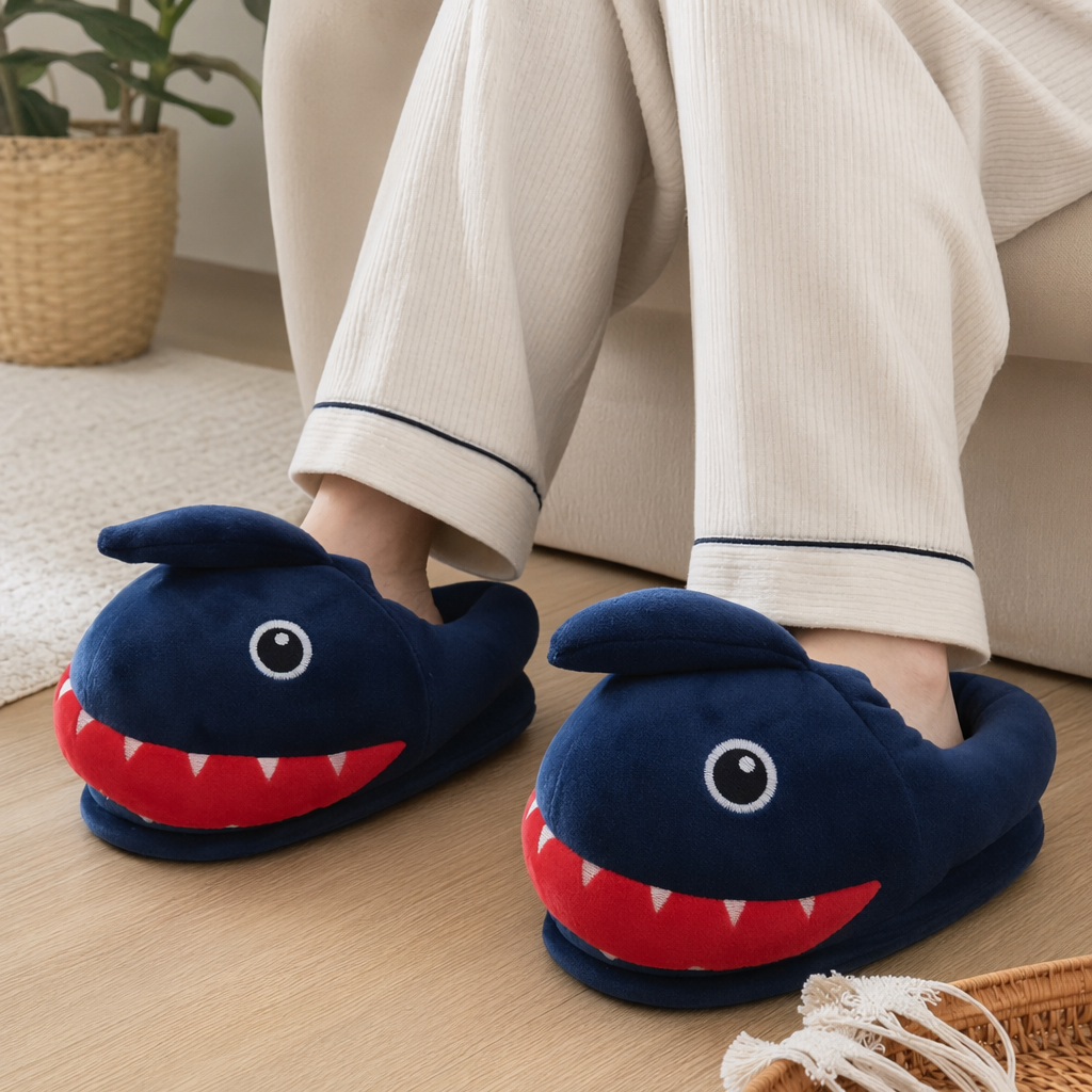 Blue shark-shaped home slippers for both men and women, comfortable and anti-slip bathroom flip-flops details Picture