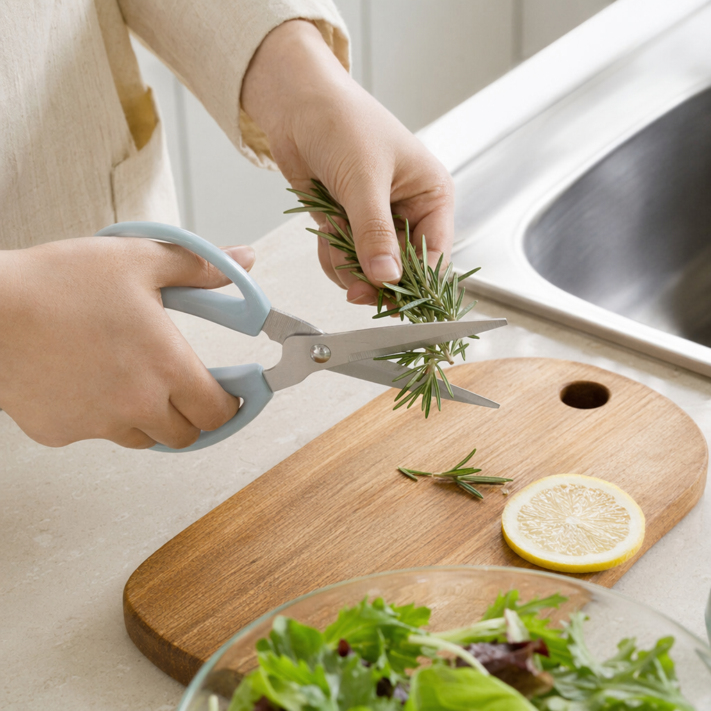 Blue handle stainless steel auxiliary scissors, multi-functional kitchen scissors, food processing scissors details Picture