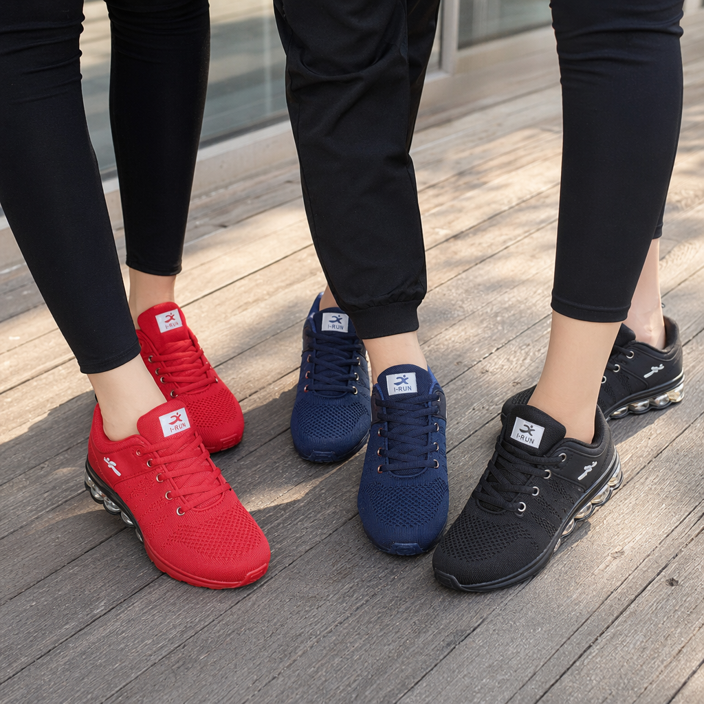 Red, blue and black three-pair sports shoes for both men and women, breathable and lightweight details Picture
