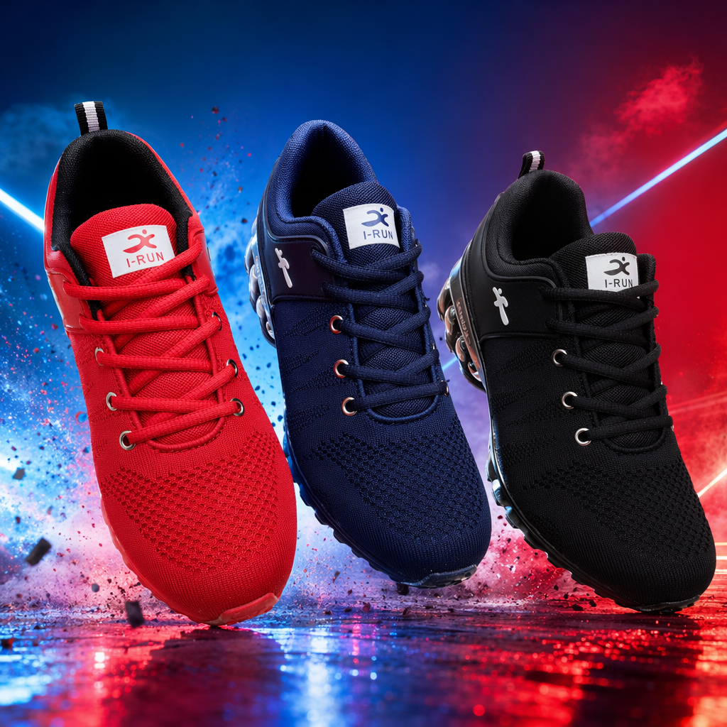Red, blue and black three-pair sports shoes for both men and women, breathable and lightweight Specification image