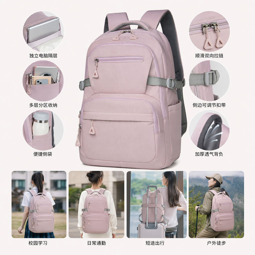 This pink backpack is a fashionable, versatile, lightweight and large-capacity student commuting and casual backpack for women full image