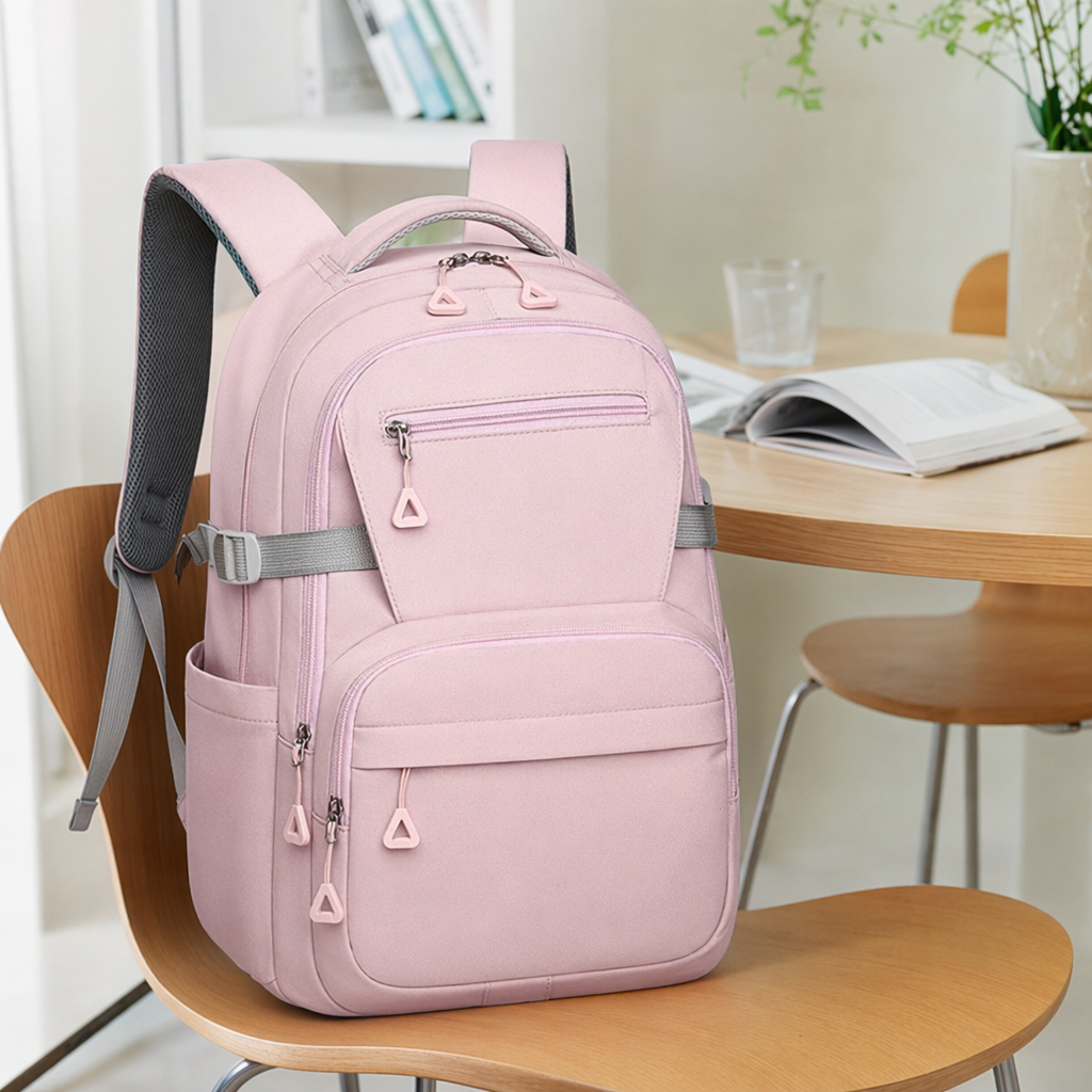 This pink backpack is a fashionable, versatile, lightweight and large-capacity student commuting and casual backpack for women details Picture