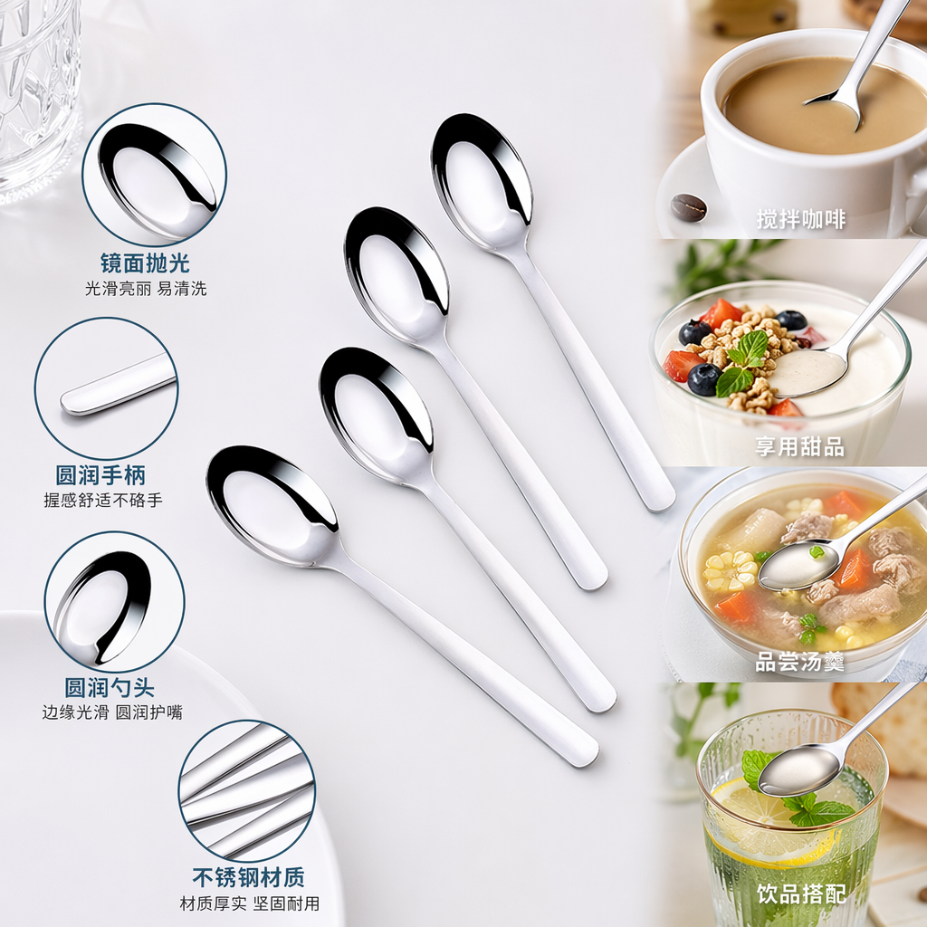Silver stainless steel spoon, simple household table spoon and kitchenware set
