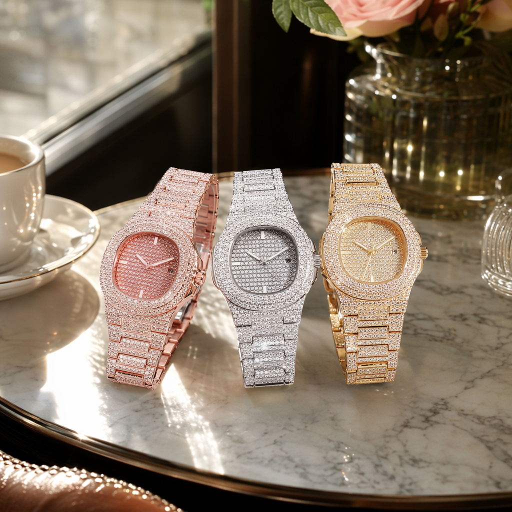 MICHEL KOES three diamond-encrusted watches in rose gold, silver and gold, with a black background and densely set diamonds details Picture