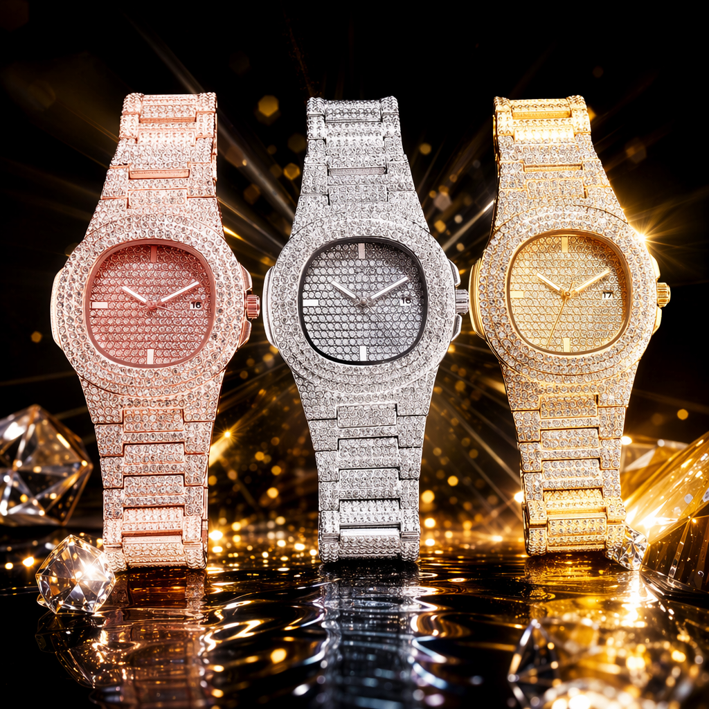 MICHEL KOES three diamond-encrusted watches in rose gold, silver and gold, with a black background and densely set diamonds Specification image