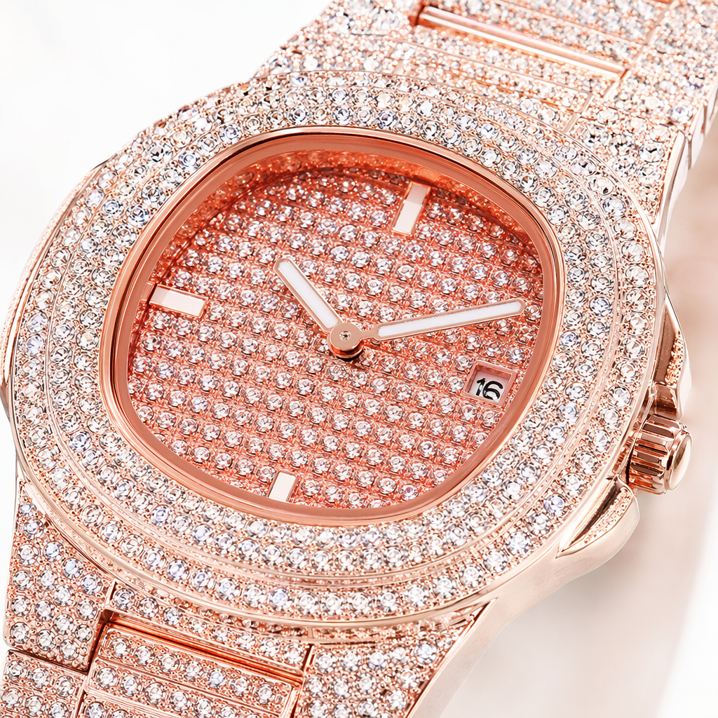 MICHEL KOES three diamond-encrusted watches in rose gold, silver and gold, with a black background and densely set diamonds Application Scenario