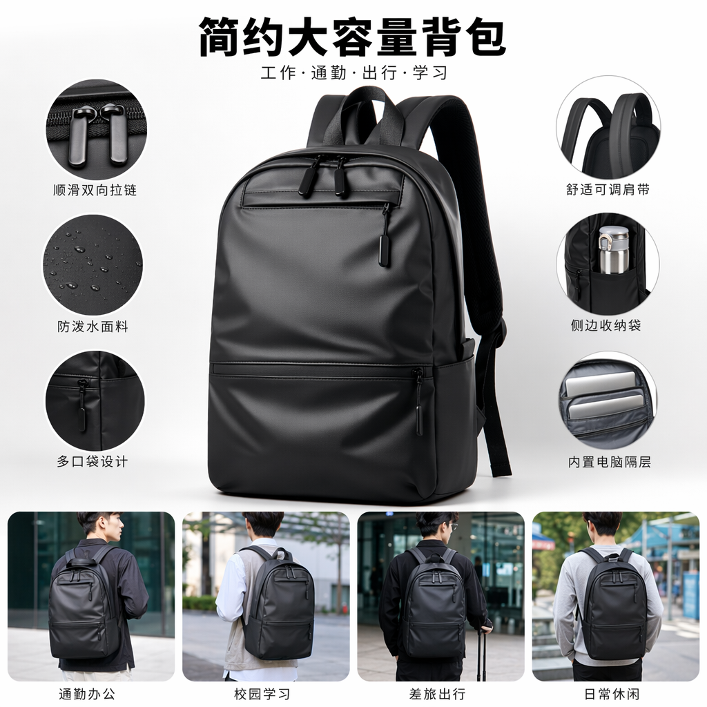 Black simple business casual backpack, suitable for both men and women, lightweight and large-capacity for commuting and travel