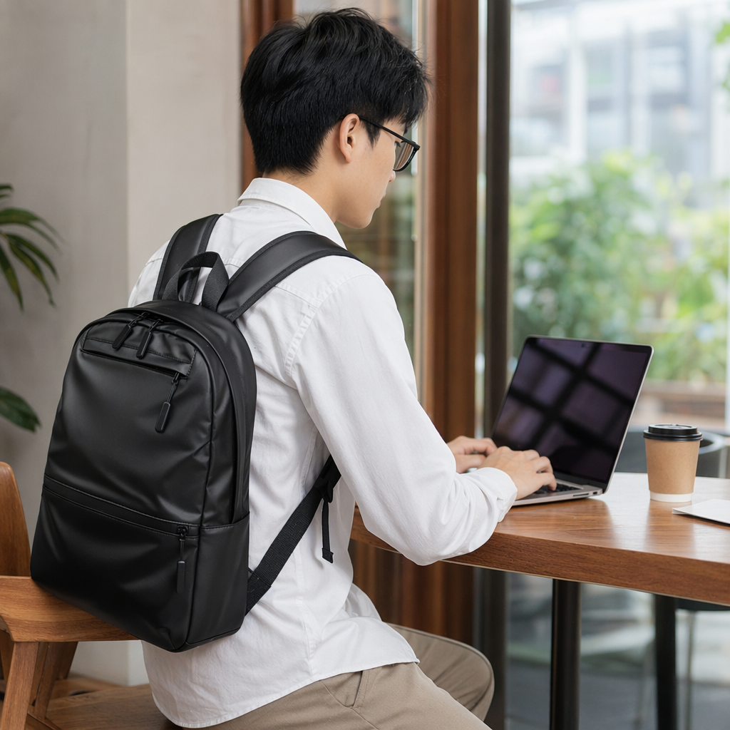 Black simple business casual backpack, suitable for both men and women, lightweight and large-capacity for commuting and travel details Picture