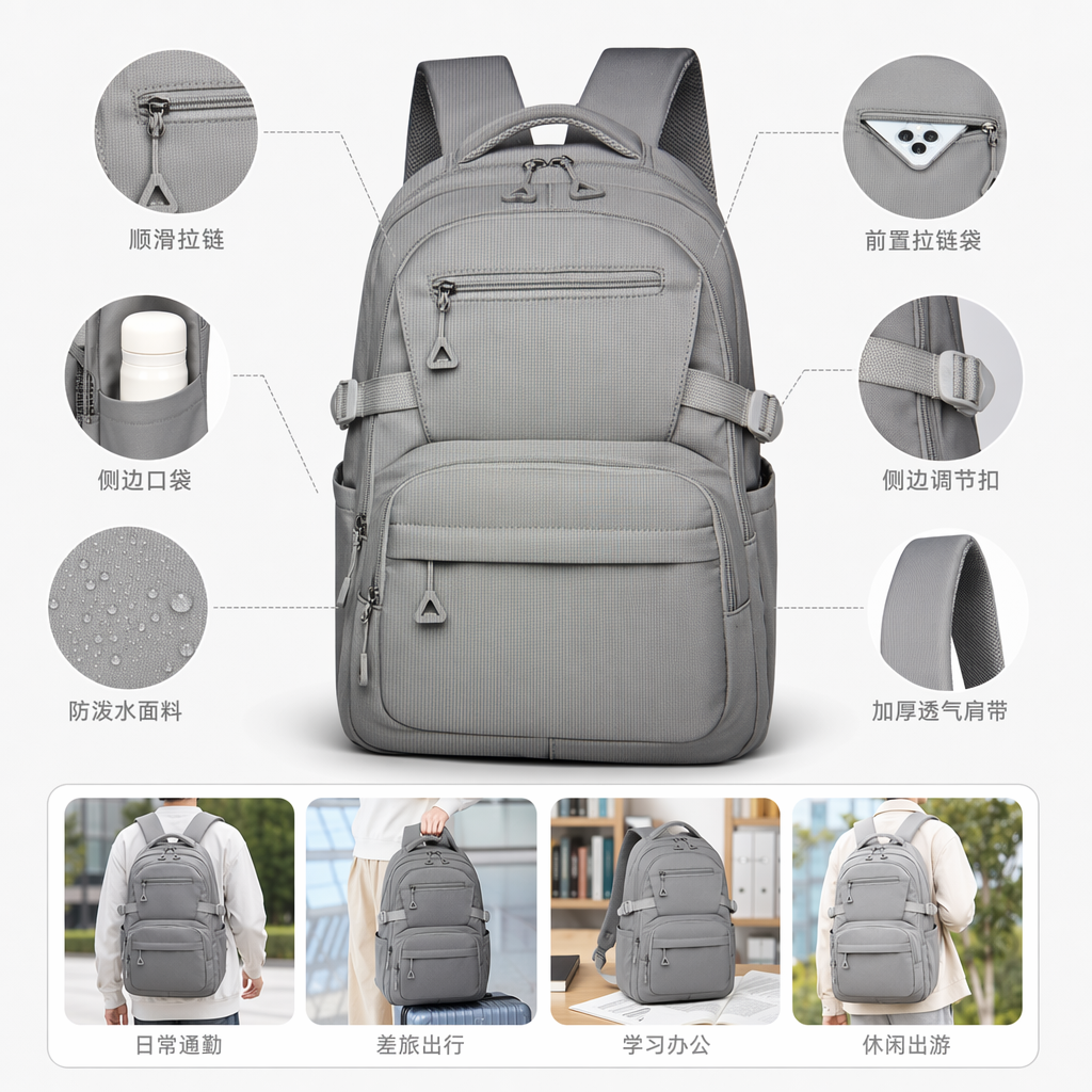 Grey backpack, large-capacity, lightweight student commuting travel backpack, unisplendour