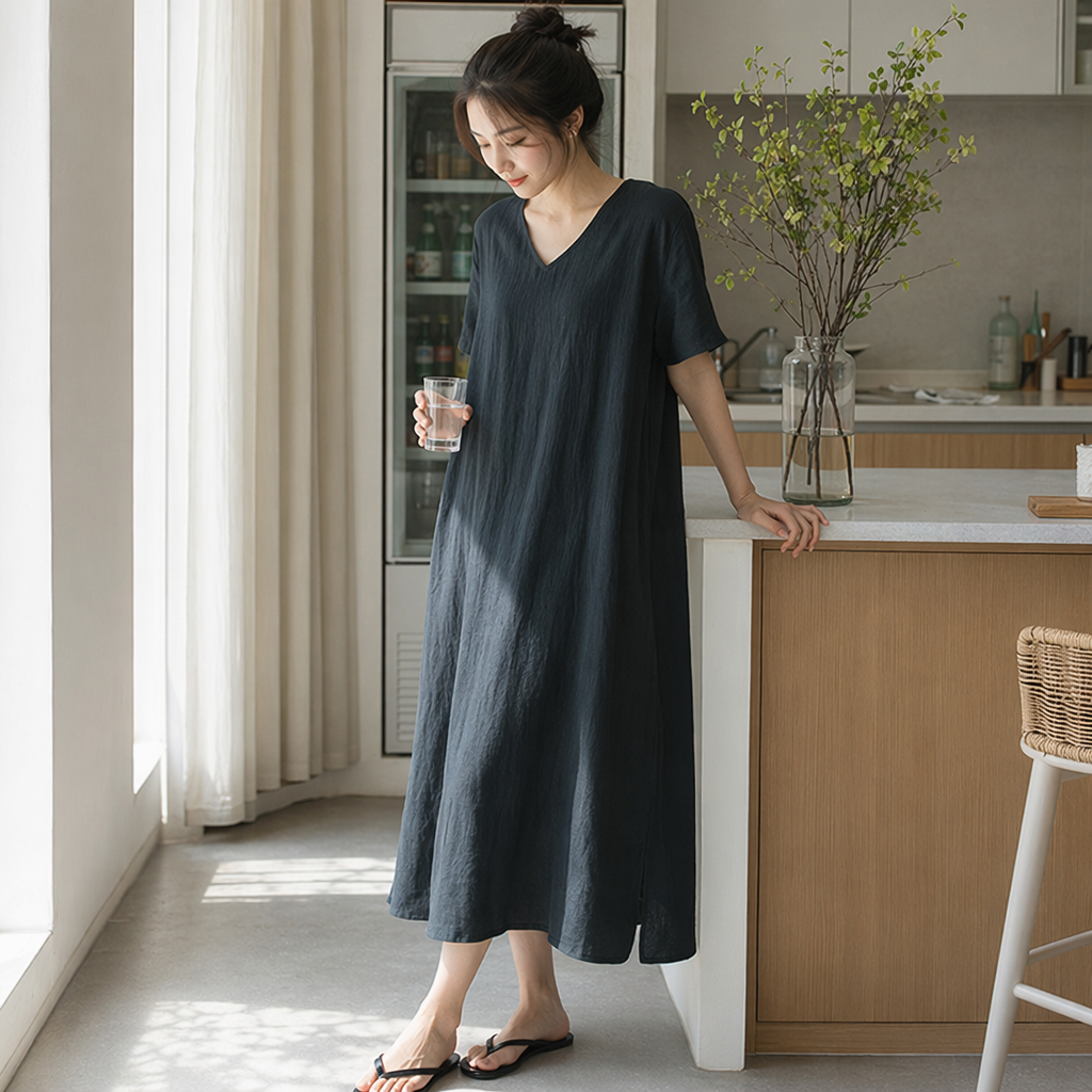 Dark grey V-neck short-sleeved dress for women, summer slimming and form-fitting pure cotton A-line dress details Picture