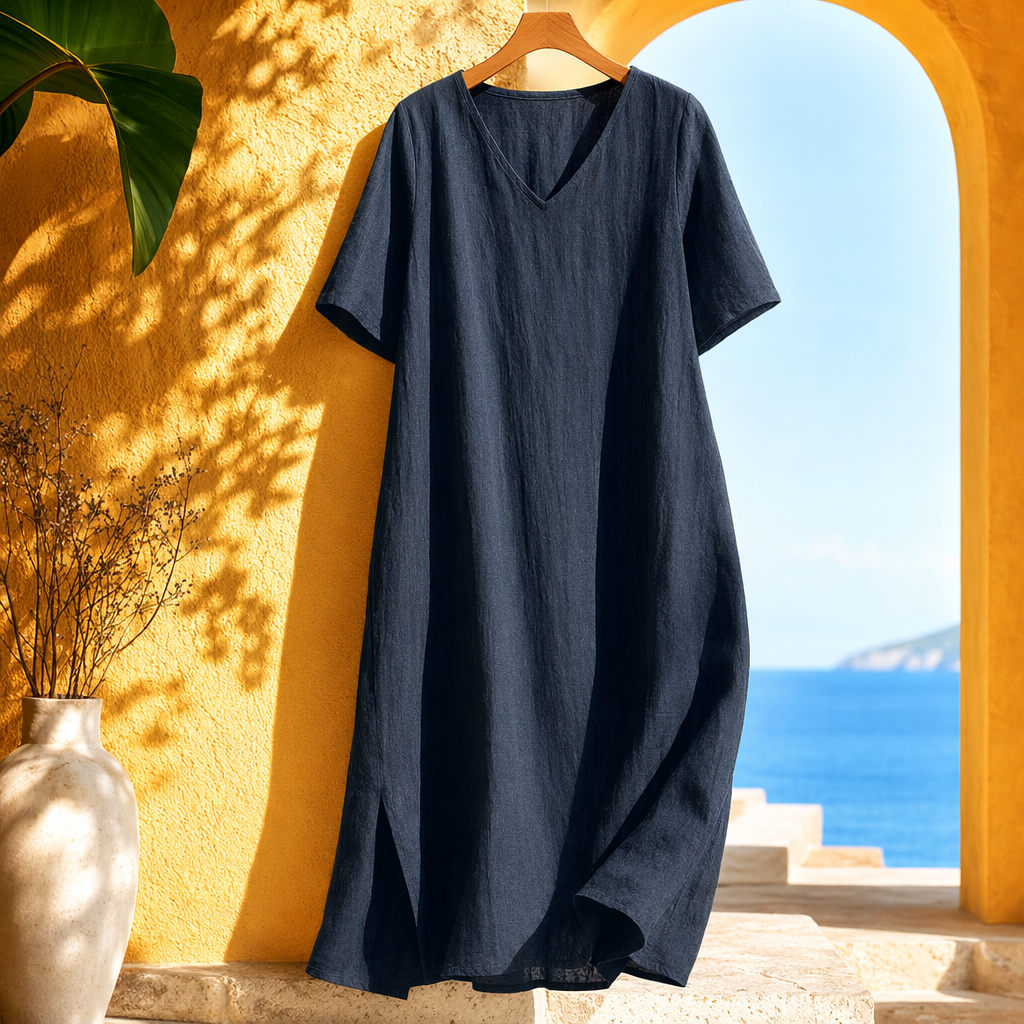 Dark grey V-neck short-sleeved dress for women, summer slimming and form-fitting pure cotton A-line dress Specification image