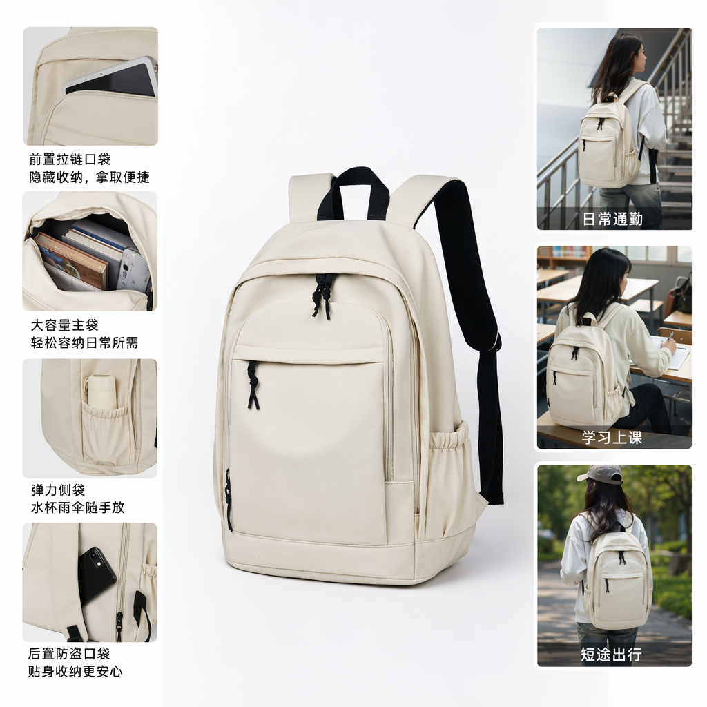 A simple and fashionable off-white backpack, a lightweight and large-capacity student commuting travel backpack full image