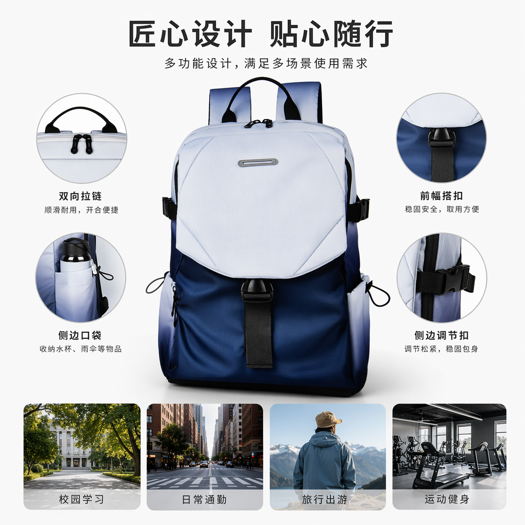 Blue and white gradient simple and fashionable backpack, lightweight and large-capacity student commuting bag