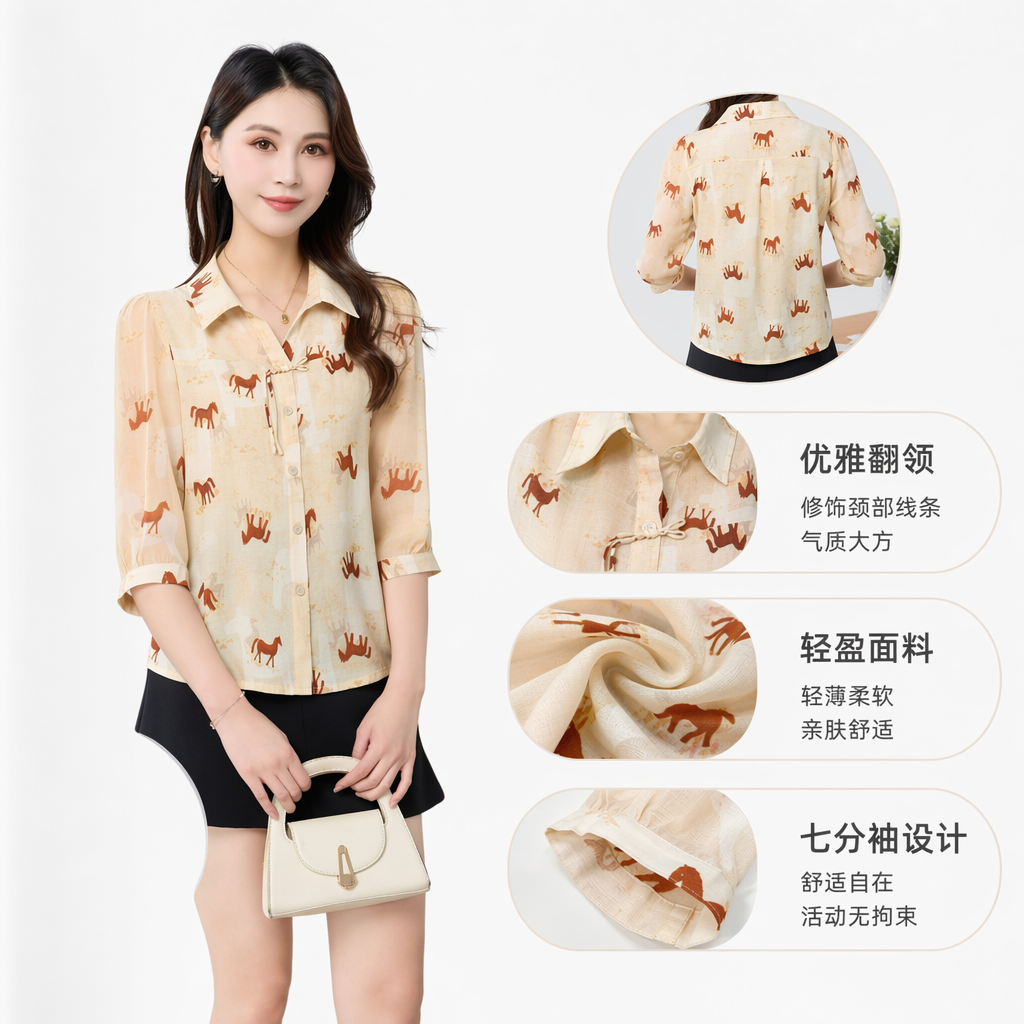 Beige horse pattern women's shirt, a casual top for women full image