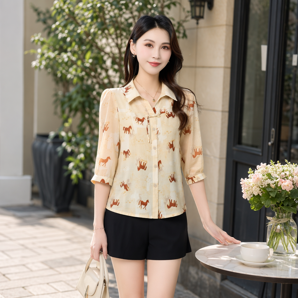 Beige horse pattern women's shirt, a casual top for women details Picture