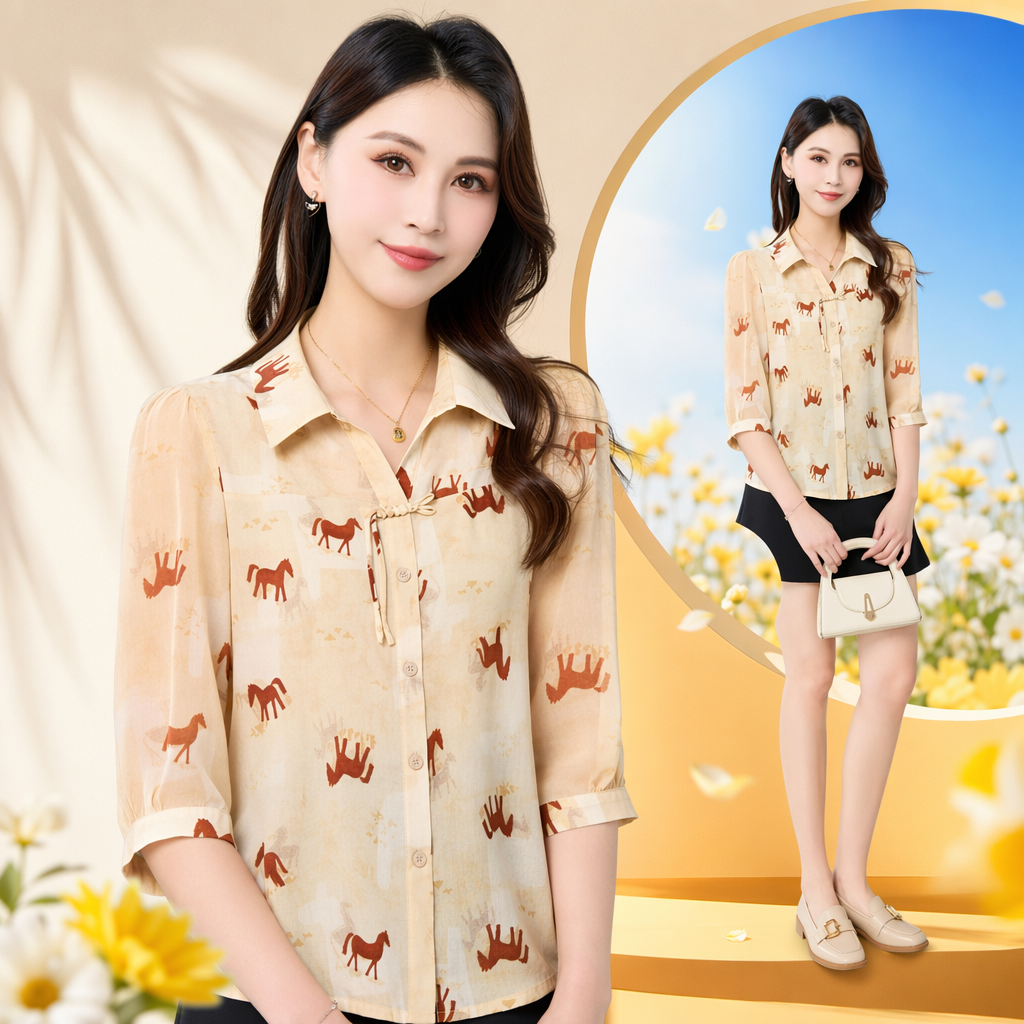 Beige horse pattern women's shirt, a casual top for women Specification image