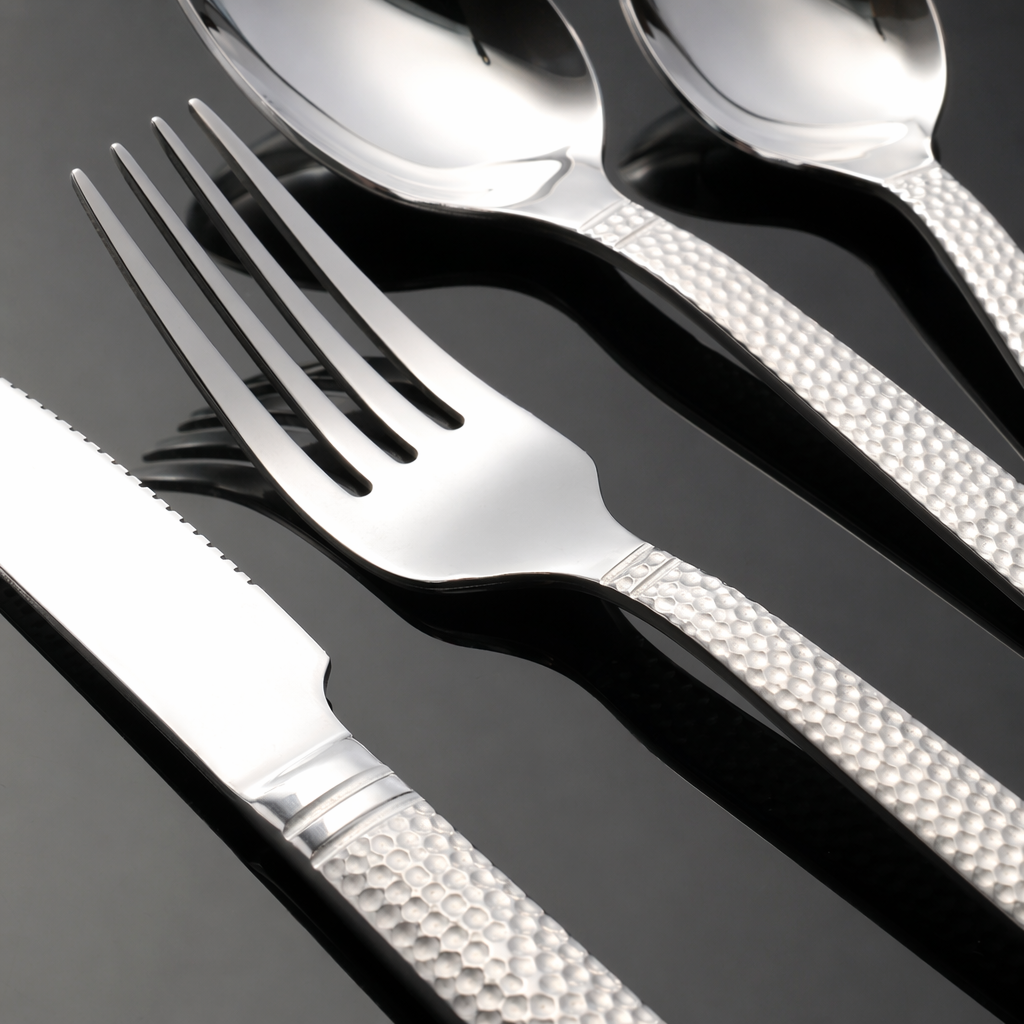 Silver tableware set with high-gloss mirror-like texture, 12-piece set for family gatherings Application Scenario