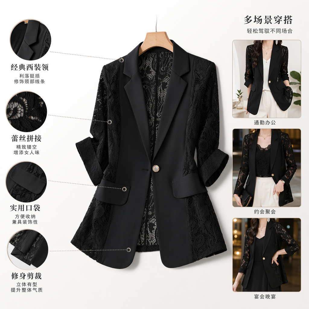Black lace patchwork suit jacket for women, slimming and shaping, versatile for commuting, spring and autumn style full image